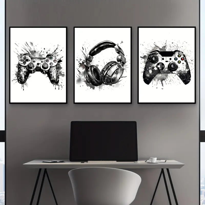 Gaming Accessories For Room - ภาพวาดบนผ้าใบไร้กรอบ 3 ชิ้น/ชุด ลายกราฟฟิตี้เกมมิ่ง จอยเกม หูฟัง