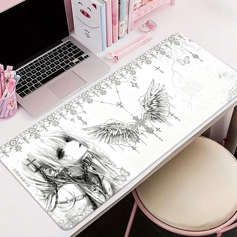 Gaming Accessories Aesthetic - แผ่นรองเมาส์หนังสีดำสีขาวอะนิเมะความงามของสาวนางฟ้าแผ่นรองเมาส์อุปกรณ์สำนักงานคีย์บอร์ดเกมพีซีอีสปอร์ต HD แผ่นรองโต๊ะ